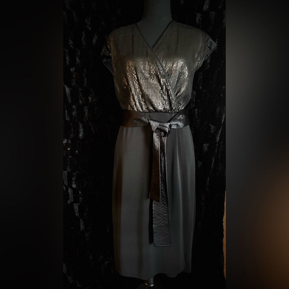 Black Satin-Waist evening midi dress with gold Sequin Bodice